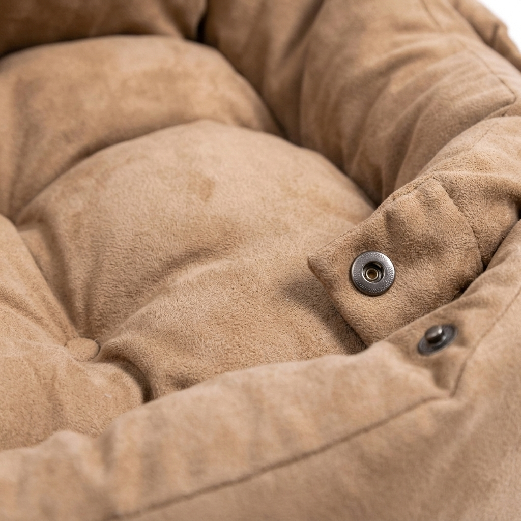 Close-up of the quilted button-tufting and suede detail