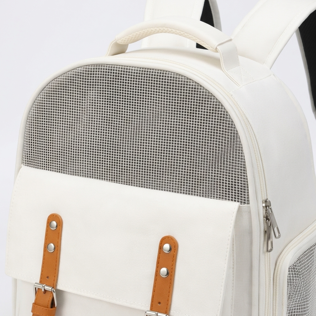 Close-up of the mesh window and tan buckle straps detail