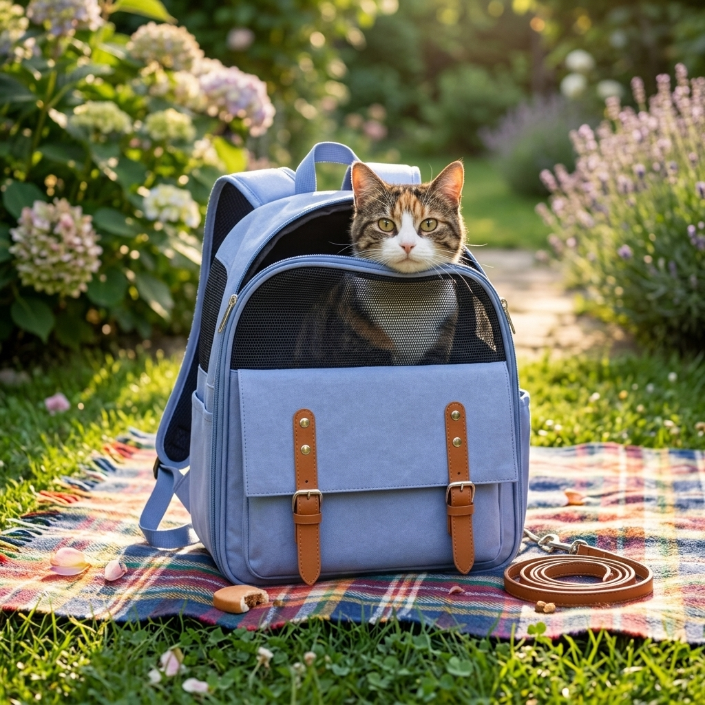 Cat poking out the top of the Blue Atlas carrier in a garden