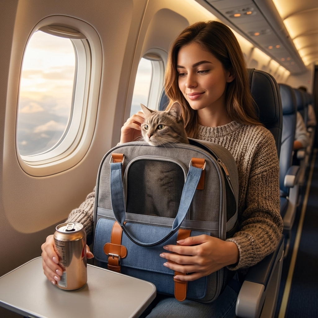 Woman on a plane, cat's head out the top of the Multi Blue Atlas carrier