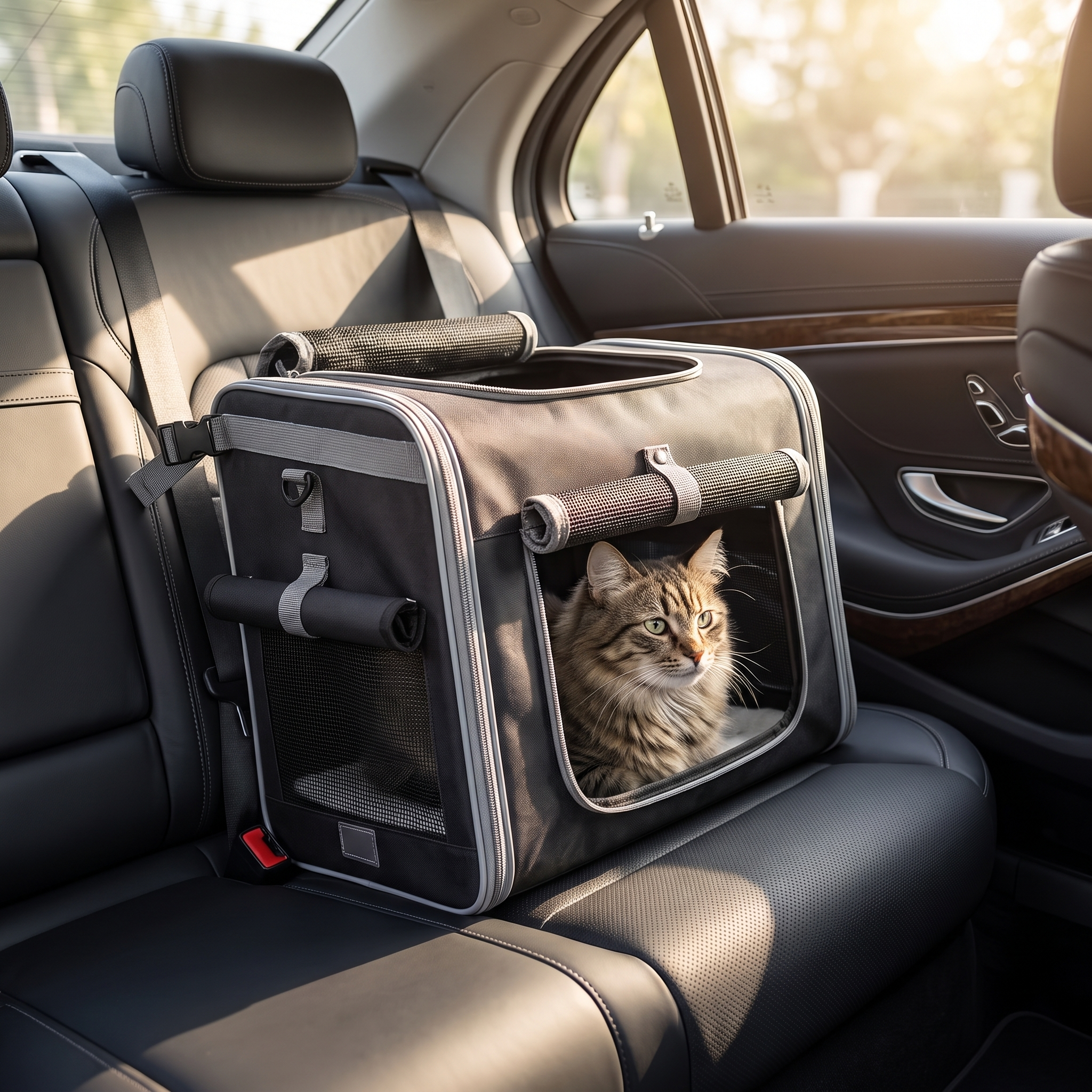 Purrela Odyssey secured as a cat car seat with a cat inside