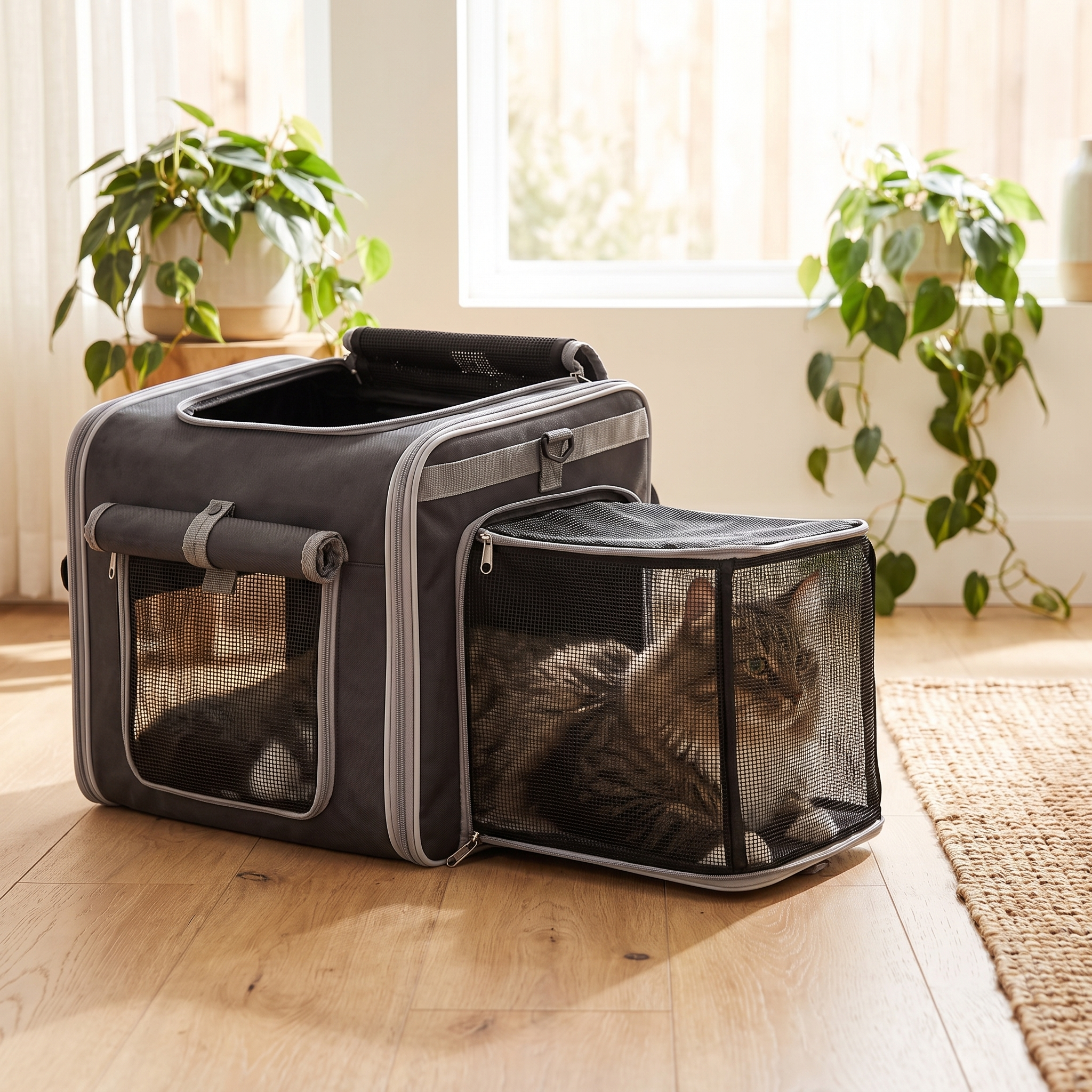 Cat lounging in the Purrela Odyssey with the expandable side extended