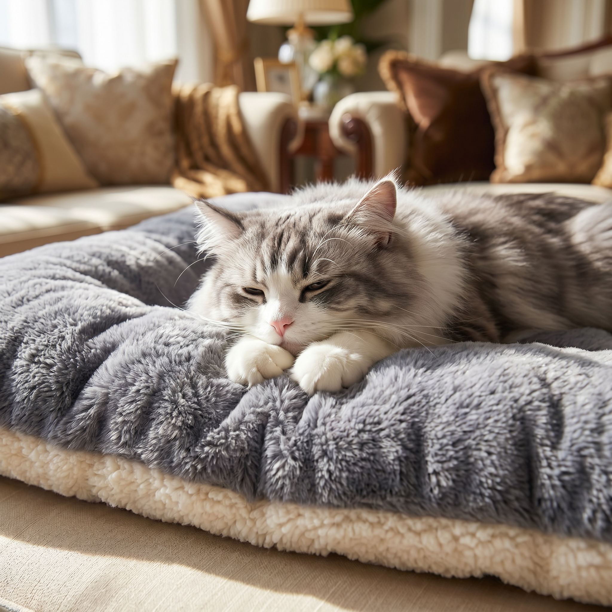 Close-up of a cat resting on the plush texture of the Purrela Plume mat