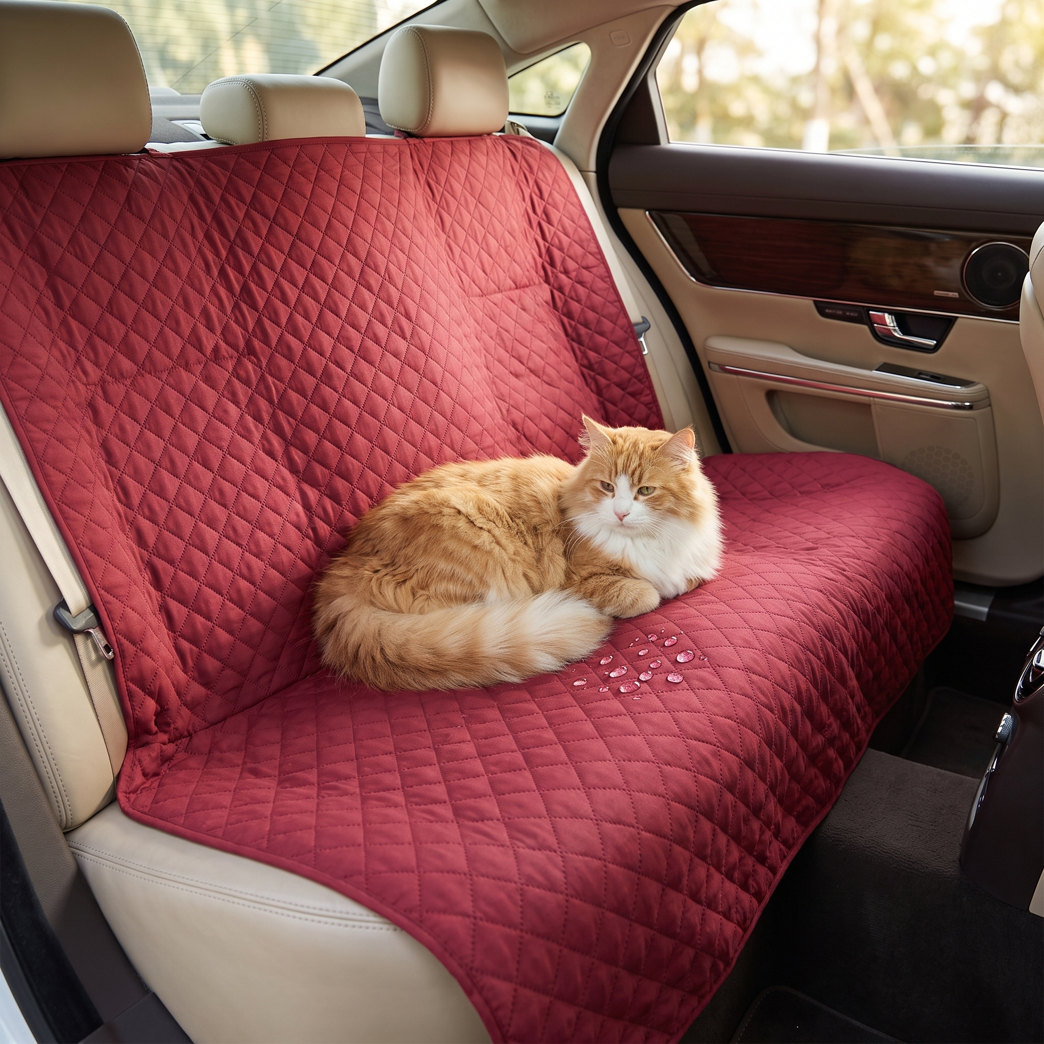Cat resting on the red Purrela Sanctuary protector on a car seat