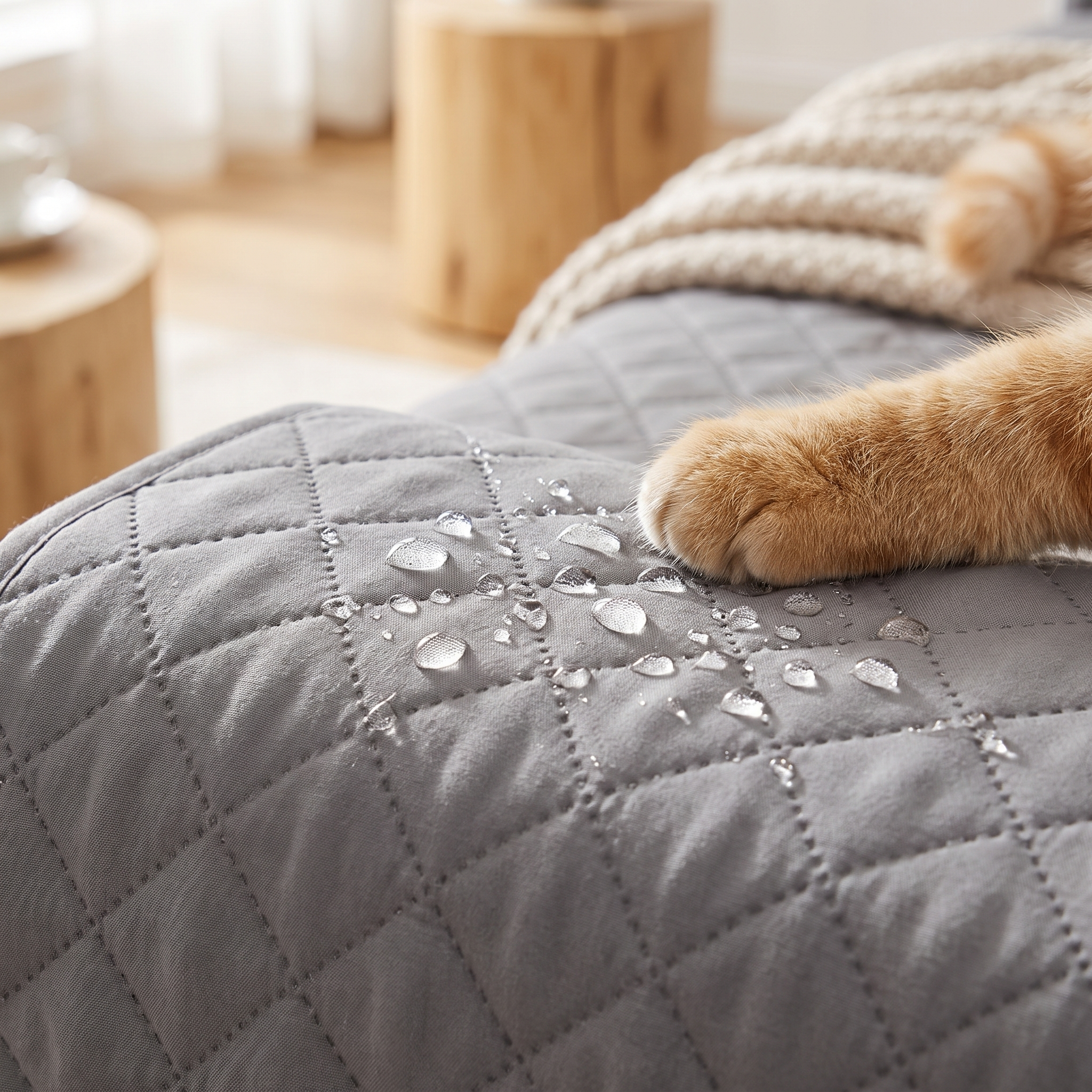 Water beading off the Purrela Sanctuary protector near a cat paw