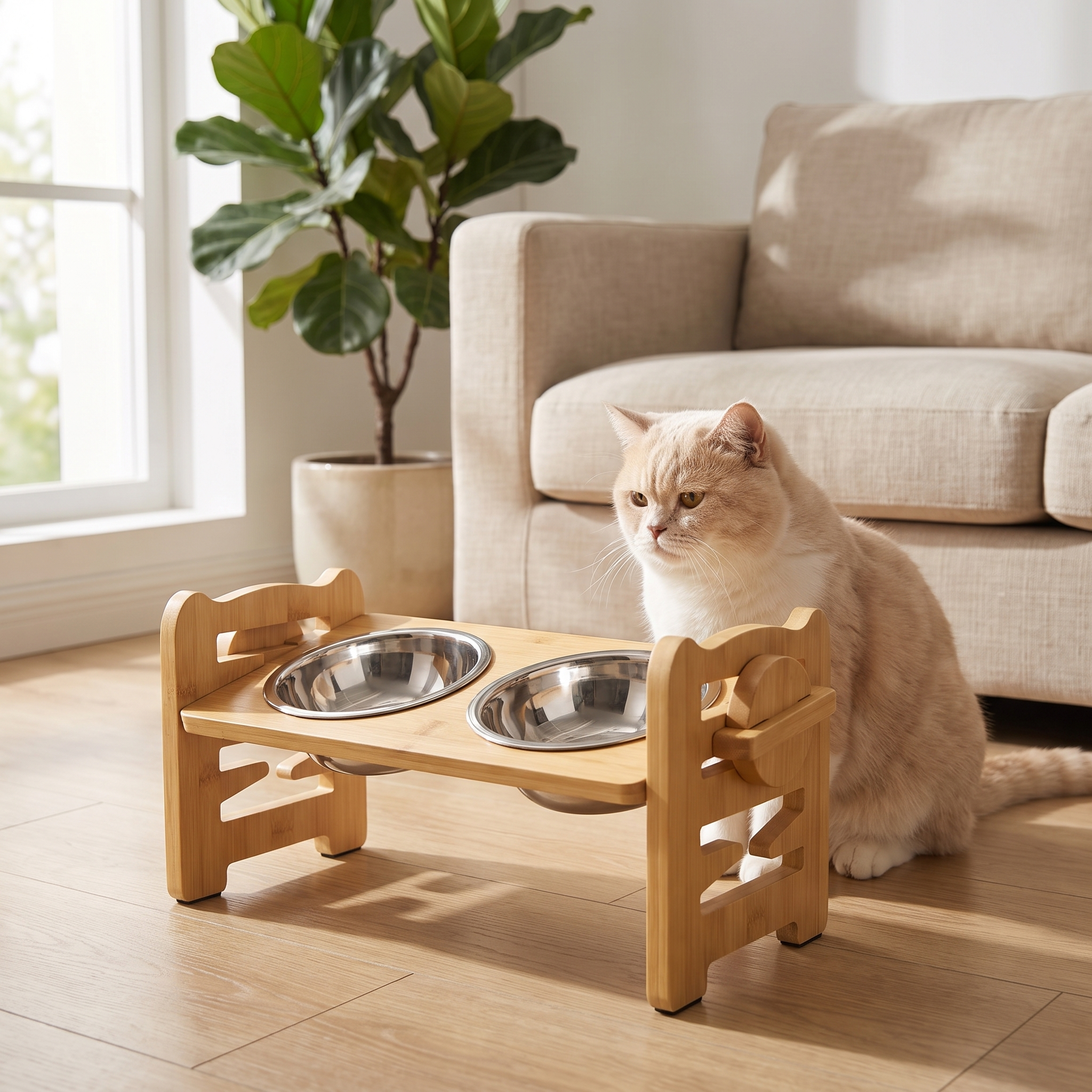 Cat beside the Purrela Terrace bamboo feeder in a living room