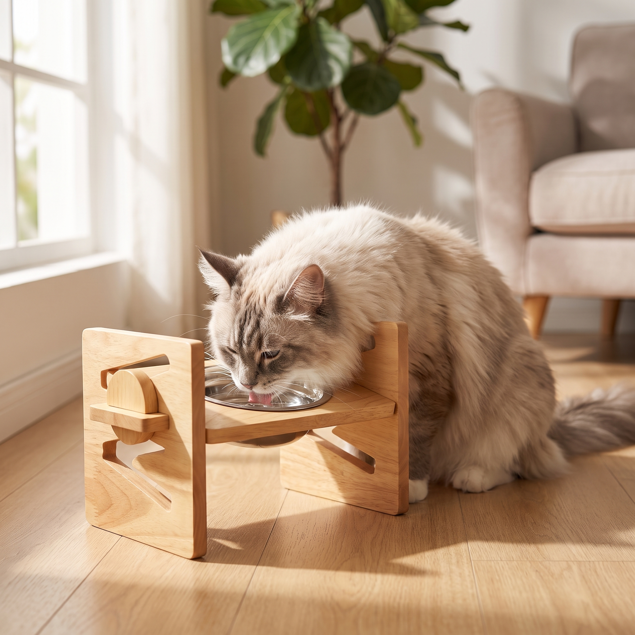 Cat drinking from the single-bowl Purrela Terrace bamboo feeder