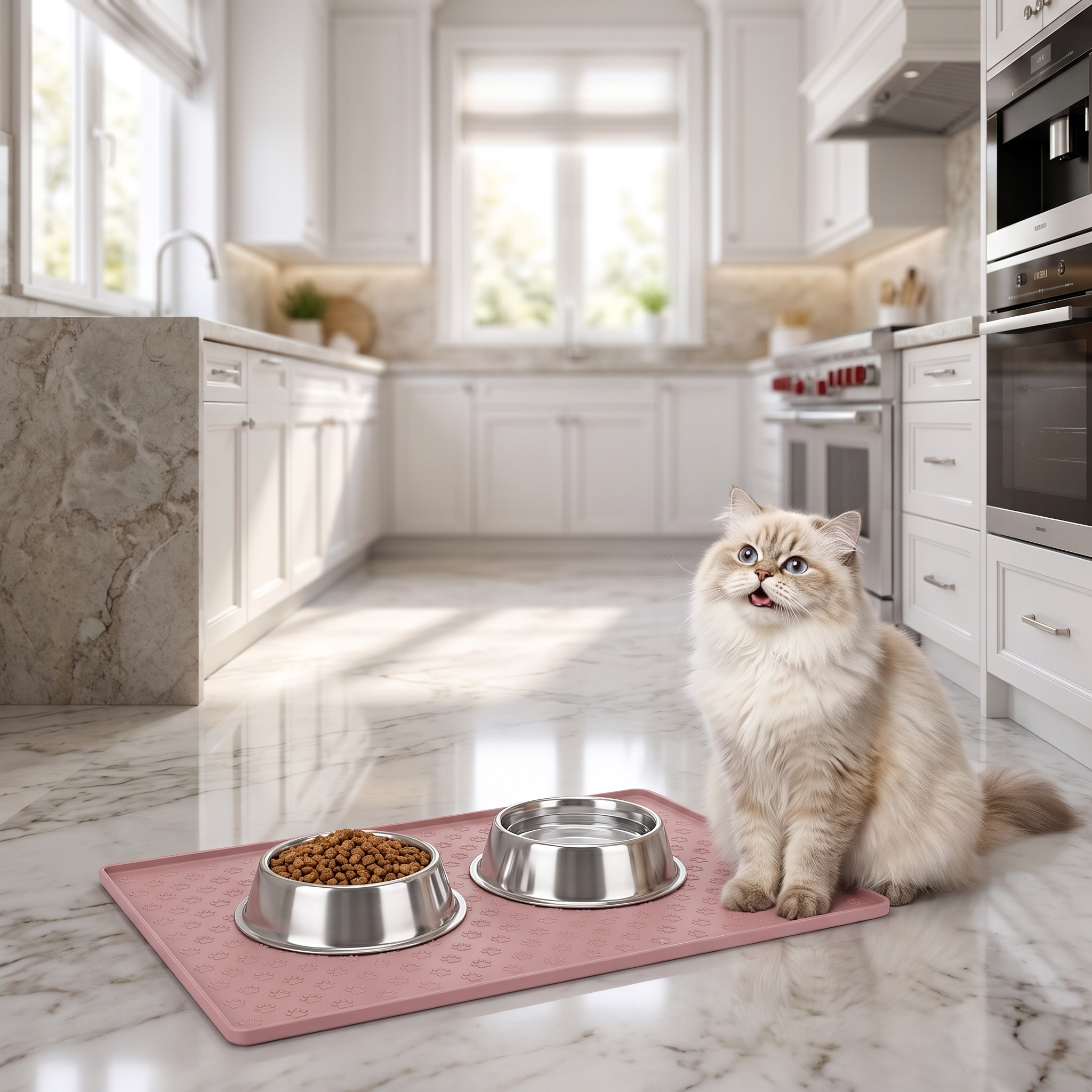 Cat beside pink Purrela Mesa feeding mat with bowls