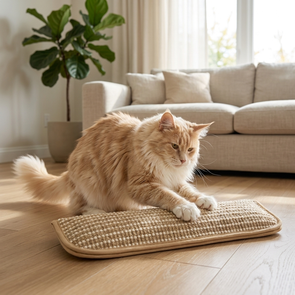 Cat scratching the Purrela Sprig hemp scratch pad in living room