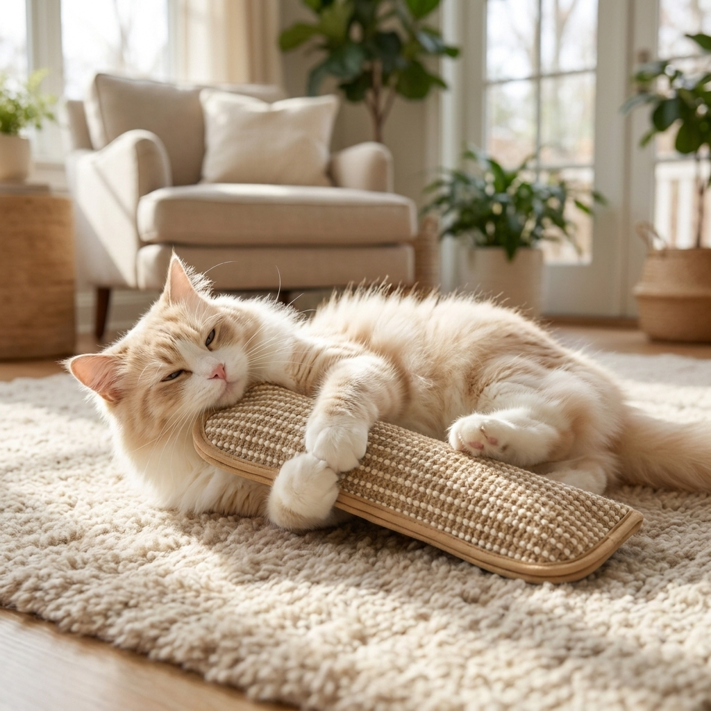 Cat hugging and bunny-kicking the Purrela Sprig catnip scratch pad