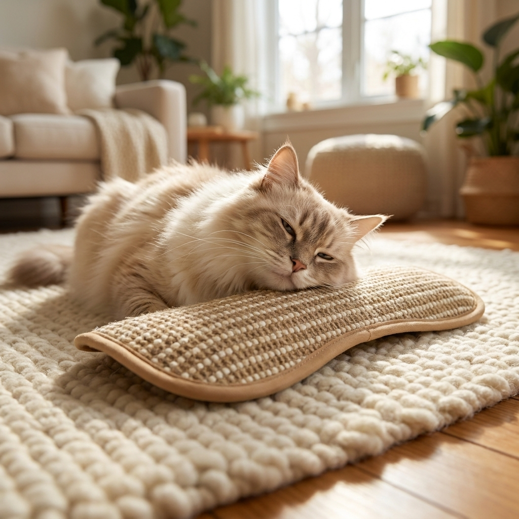 Cat resting its cheek on the Purrela Sprig catnip hemp pad