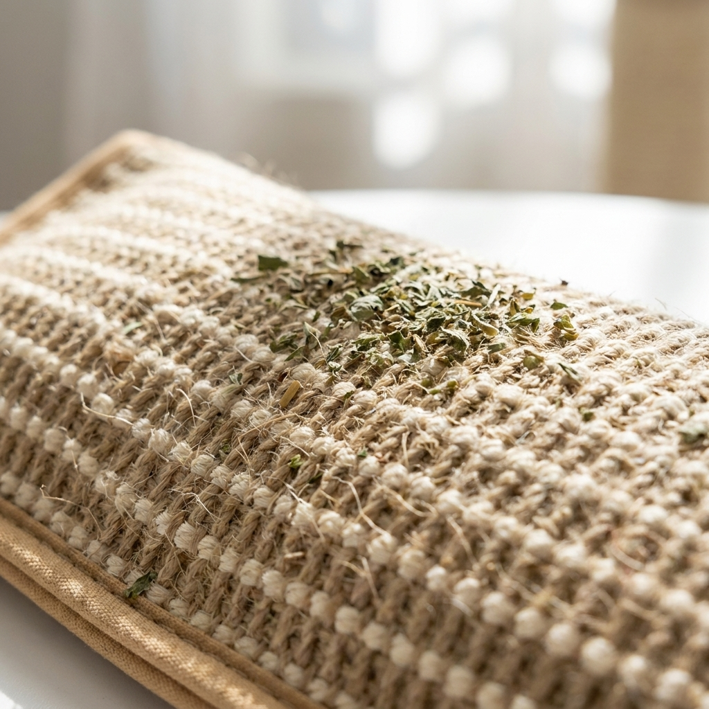 Close-up of woven hemp weave with catnip on the Purrela Sprig pad
