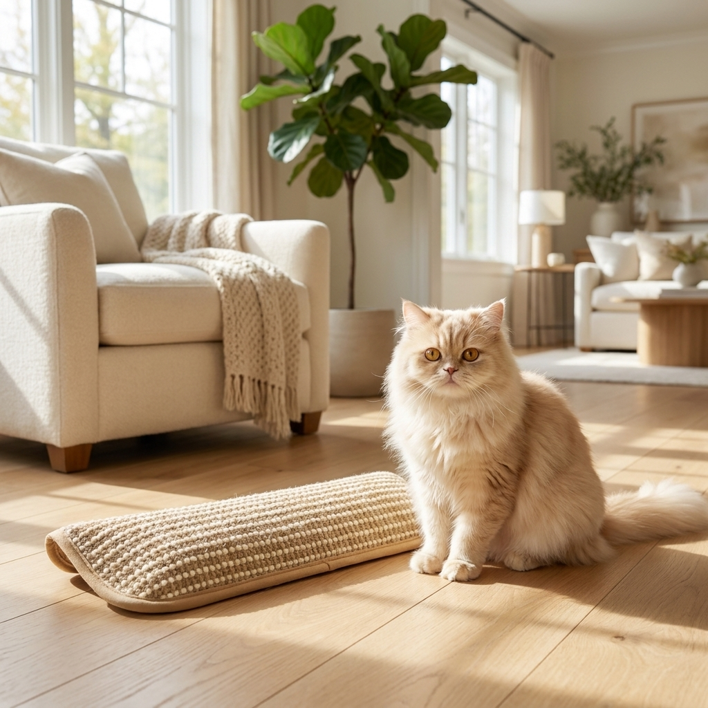 Purrela Sprig hemp scratch pad in a cozy living-room corner with a cat