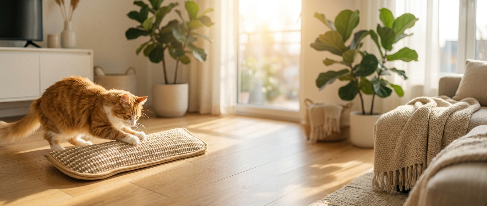 Cat scratching the Purrela Sprig hemp pad in a sunlit room banner