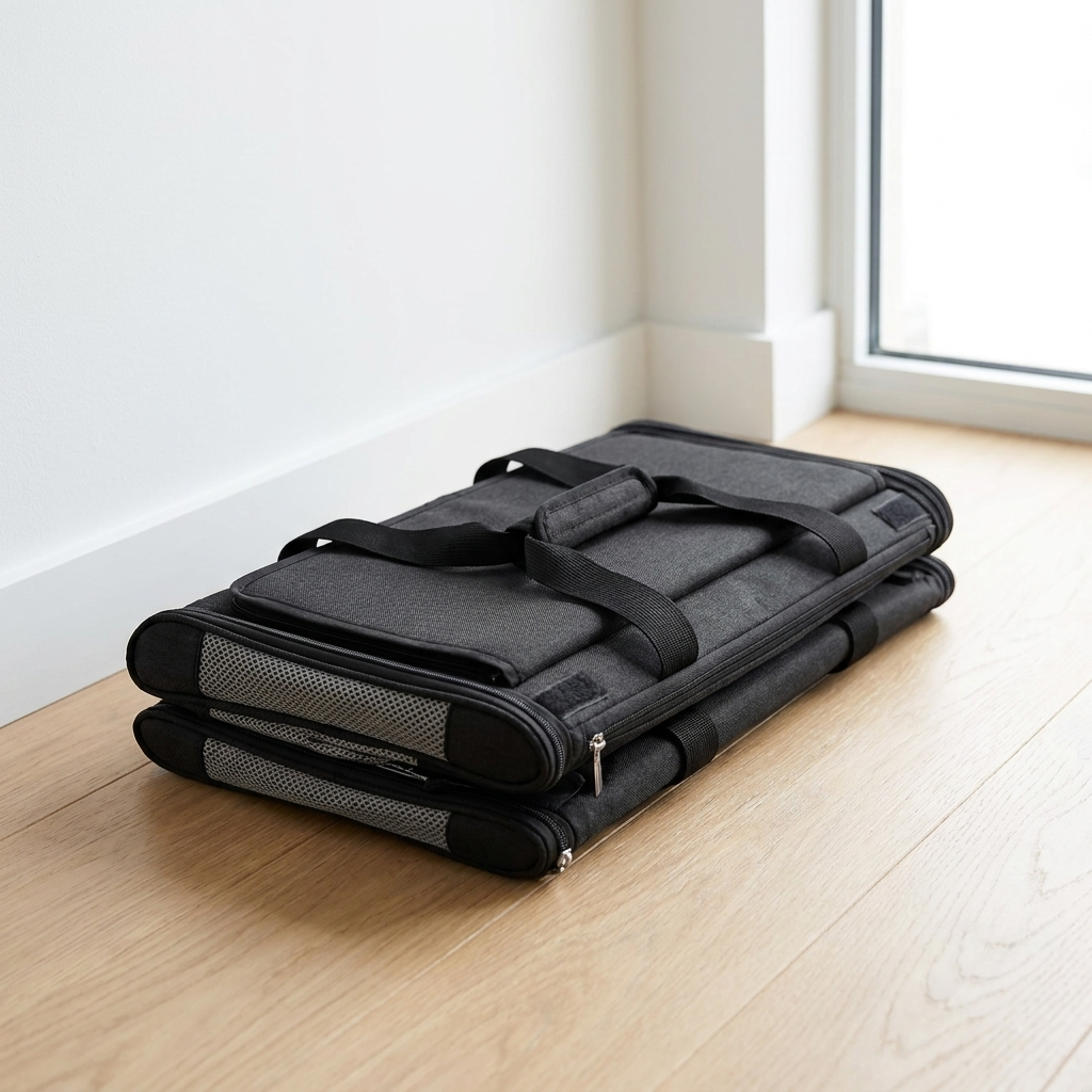 Black Purrela Sojourn carrier folded flat for compact storage