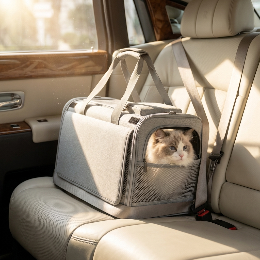Grey Purrela Sojourn carrier on a car seat with cat safely inside
