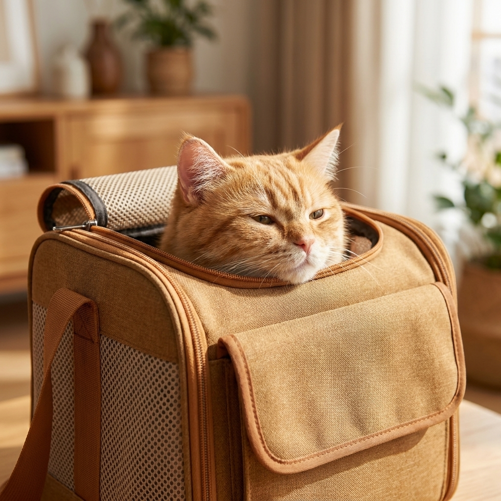 Close-up of a cat peeking out the top of the brown Purrela Sojourn carrier