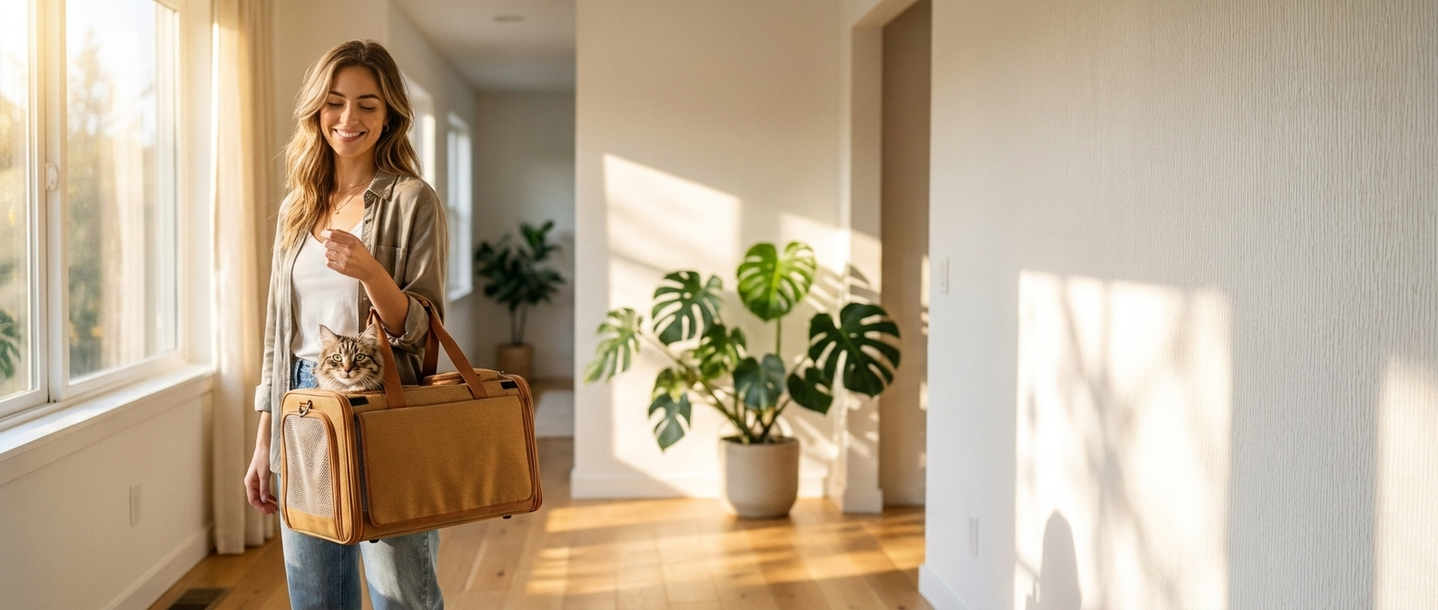 Woman with the Purrela Sojourn cat carrier in a sunlit home banner