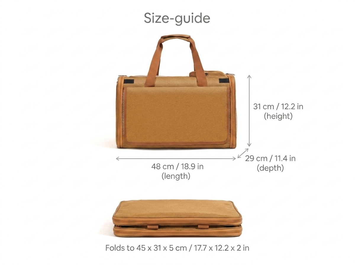 Purrela Sojourn cat carrier size guide open and folded dimensions