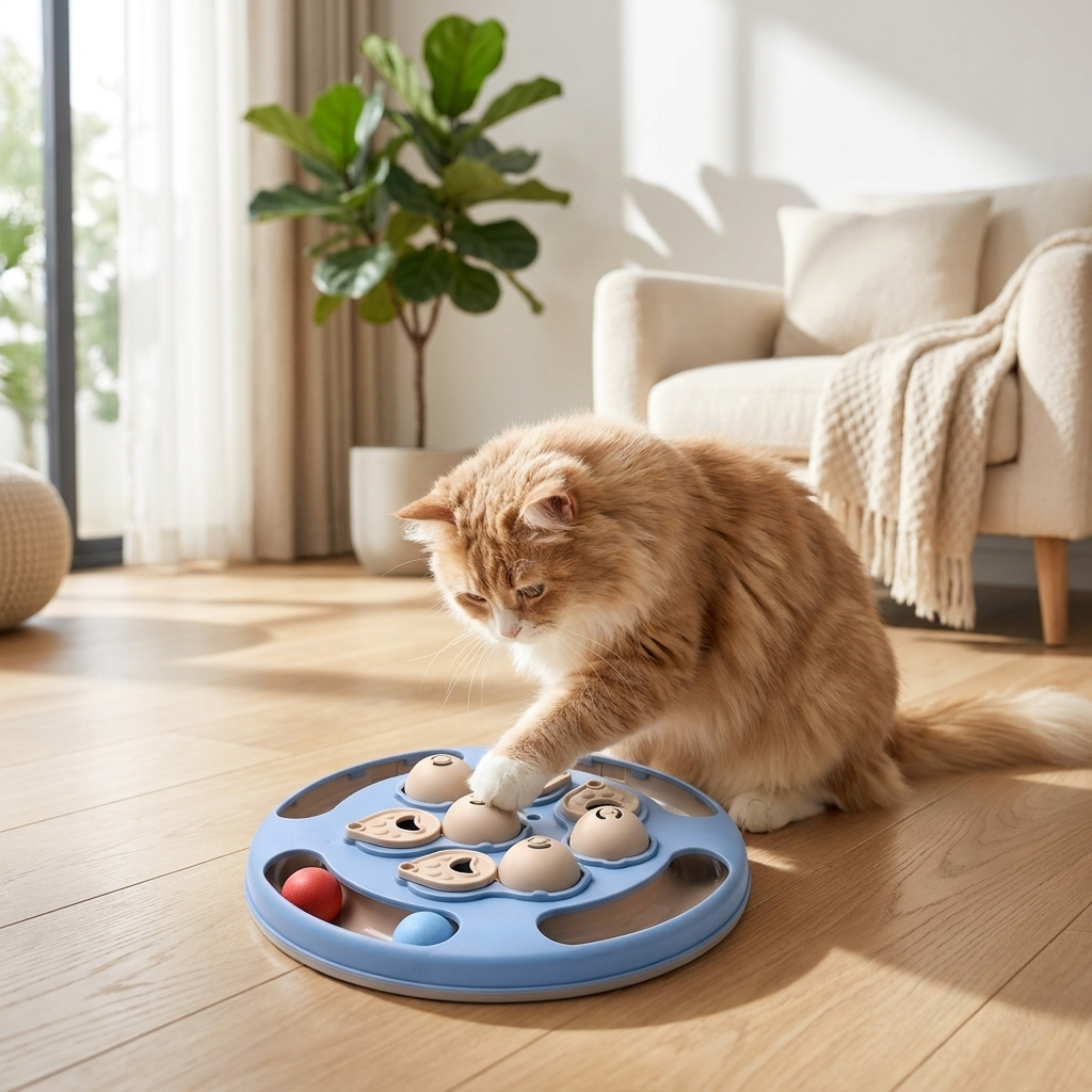 Cat pawing a dome button on the blue Purrela Quest puzzle board