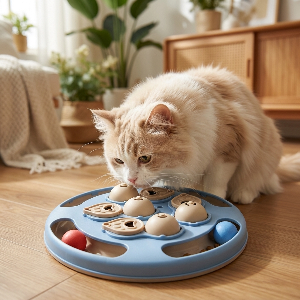 Cat investigating the blue Purrela Quest puzzle feeder for treats