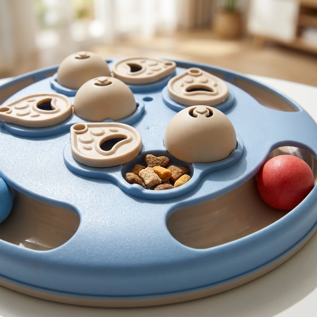 Close-up of the Purrela Quest slow-feeder wells hiding kibble under sliders