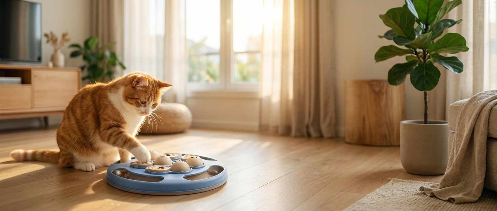 Cat playing with the blue Purrela Quest puzzle board in a sunlit room banner