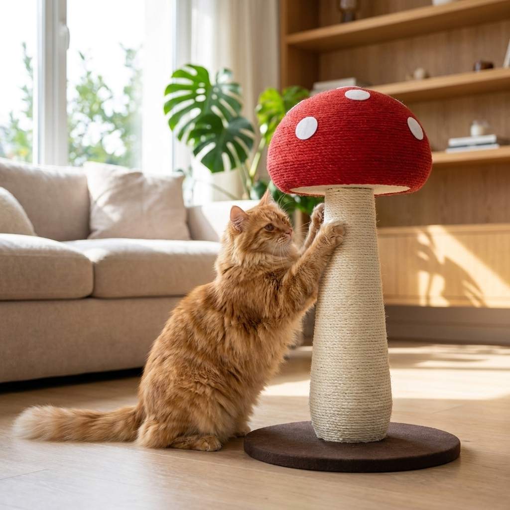 Cat scratching the sisal stem of the Purrela Toadstool mushroom post