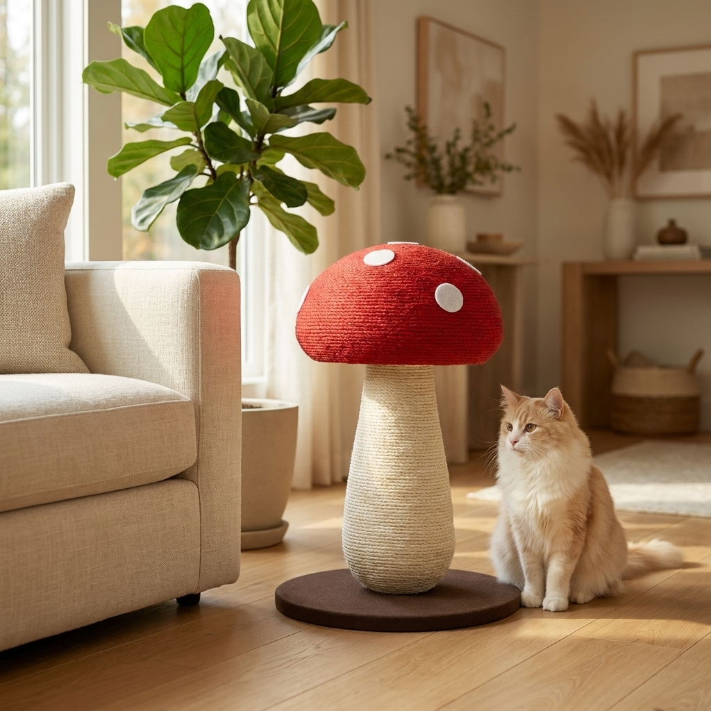 Purrela Toadstool mushroom scratching post styled in a living-room corner with a cat