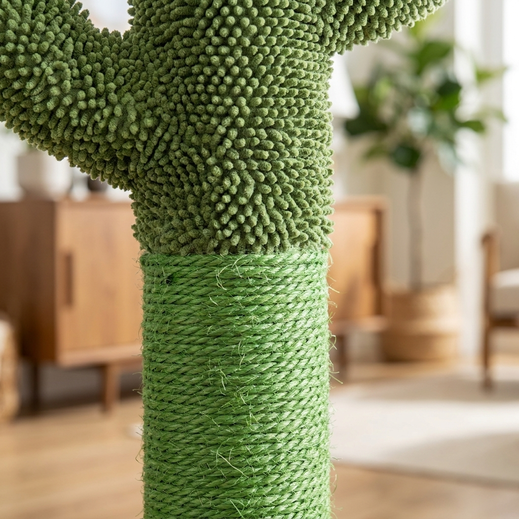 Close-up of the green sisal rope and fuzzy cactus arm of the Purrela Saguaro