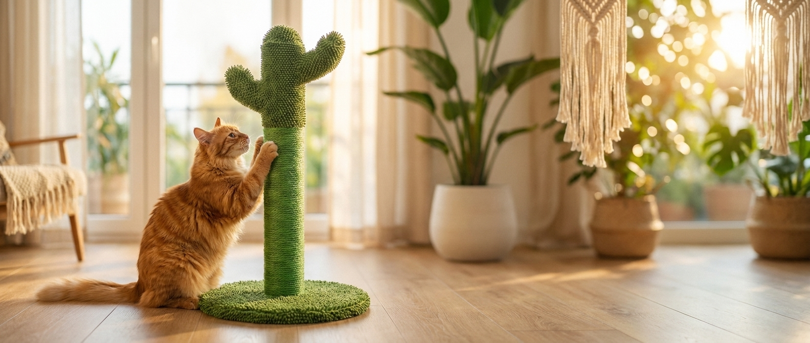 Cat scratching the Purrela Saguaro cactus post in a sunlit boho room banner