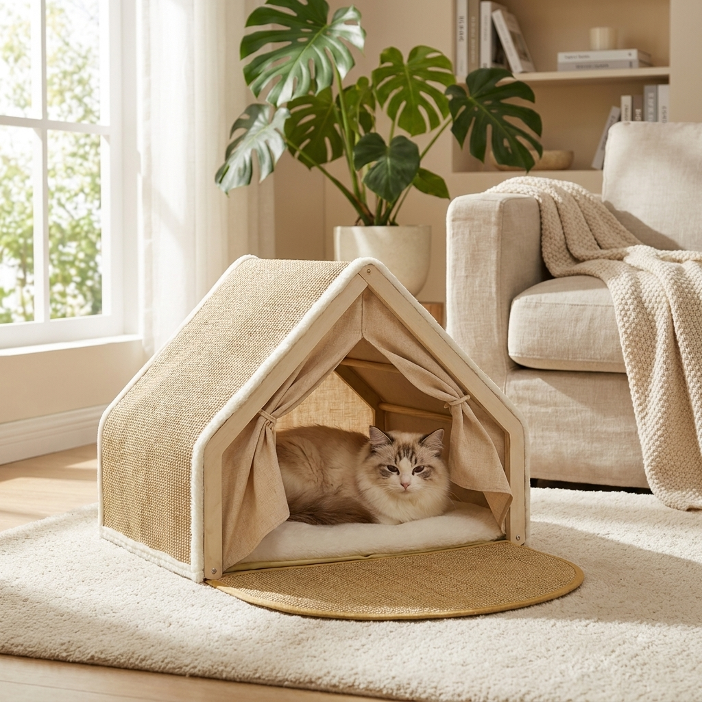 Cat curled cozily inside the Purrela Gable cat house peeking out