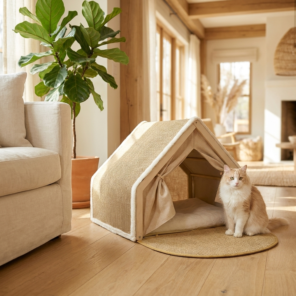 Purrela Gable cat house styled in a living-room corner with a cat