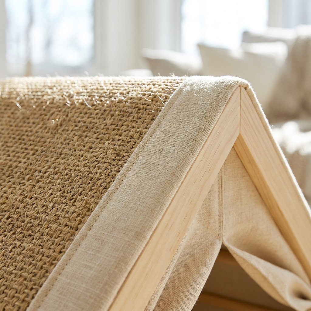 Close-up of the sisal roof, linen and wood frame of the Purrela Gable cat house