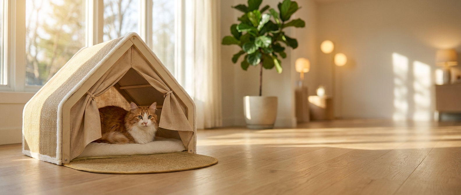 Cat in the Purrela Gable cat house in a sunlit room banner