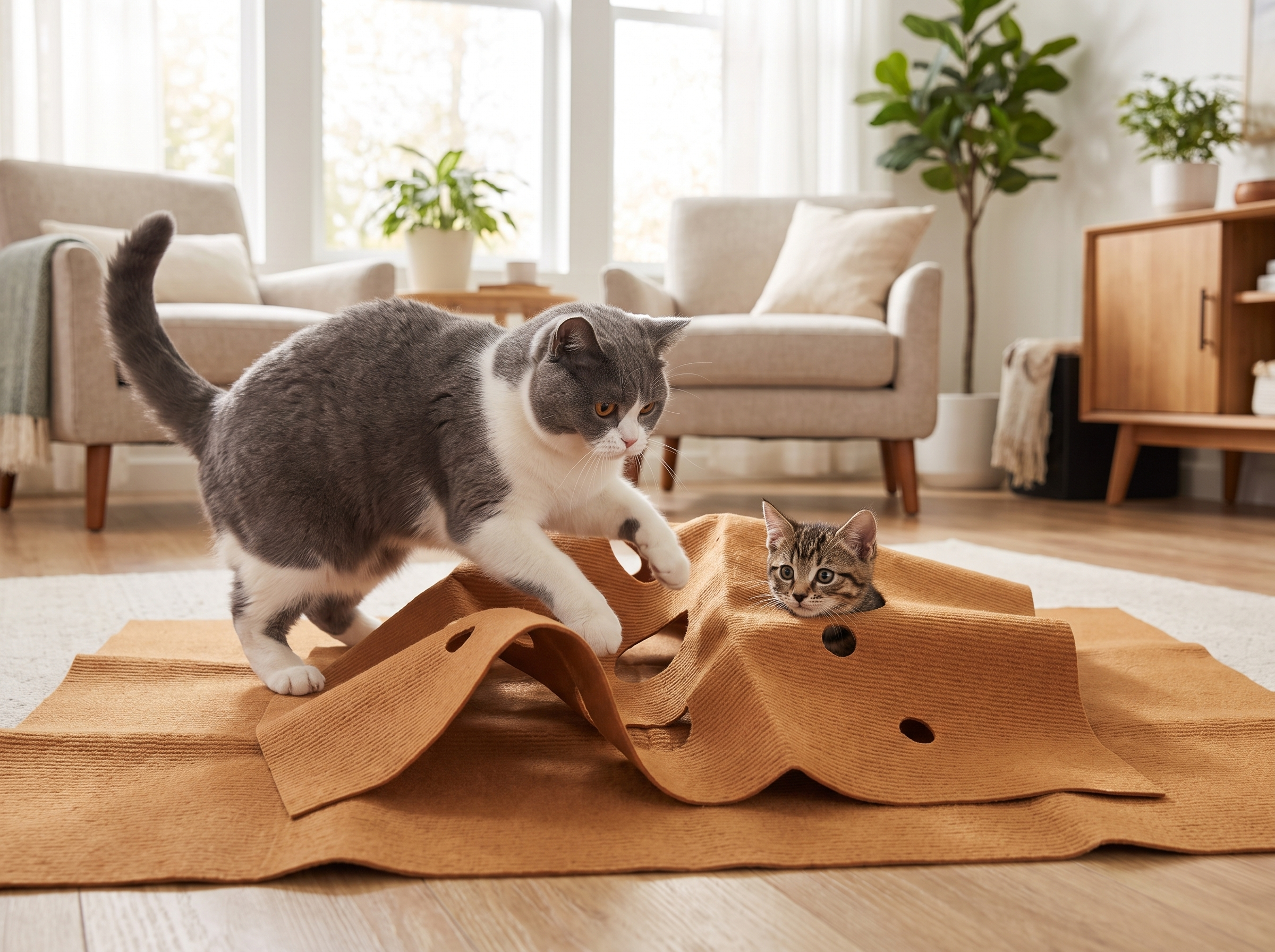 Two cats play together on the Warren activity play mat