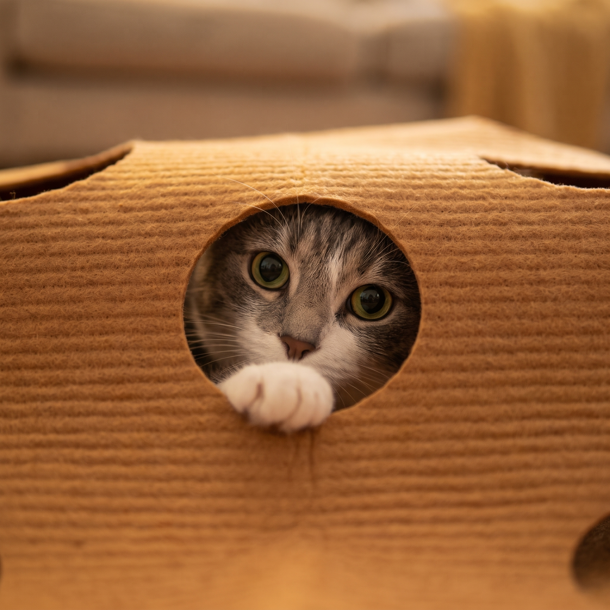 Cat peeks out through a hole in the Warren play mat