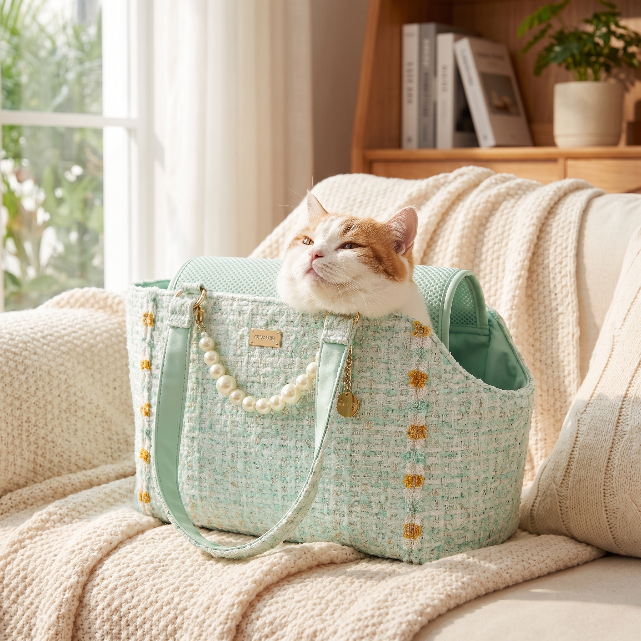 Cat settled inside the mint green Coquette tweed cat carrier tote