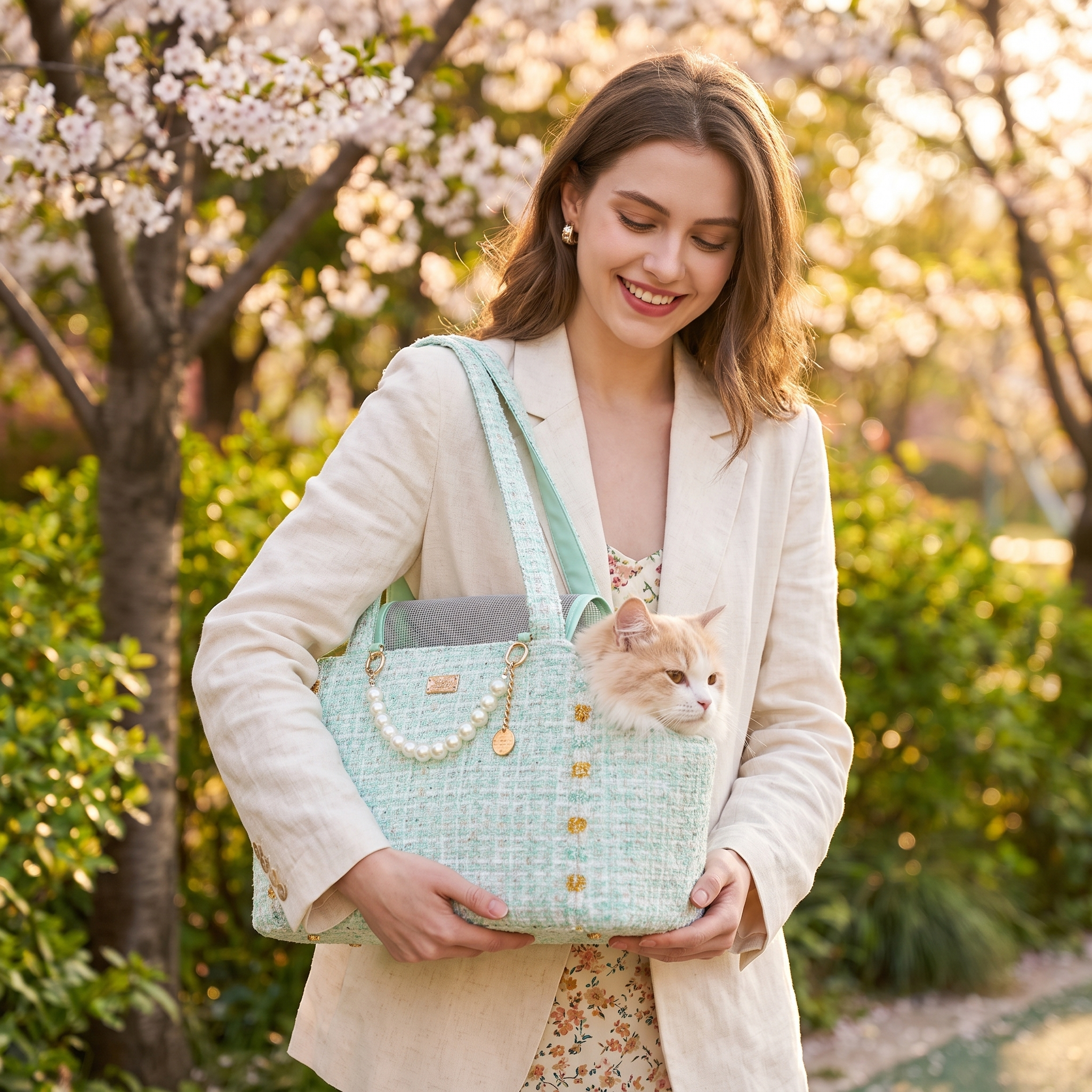 Woman holding the mint green Coquette cat carrier tote in a blossoming park with cat