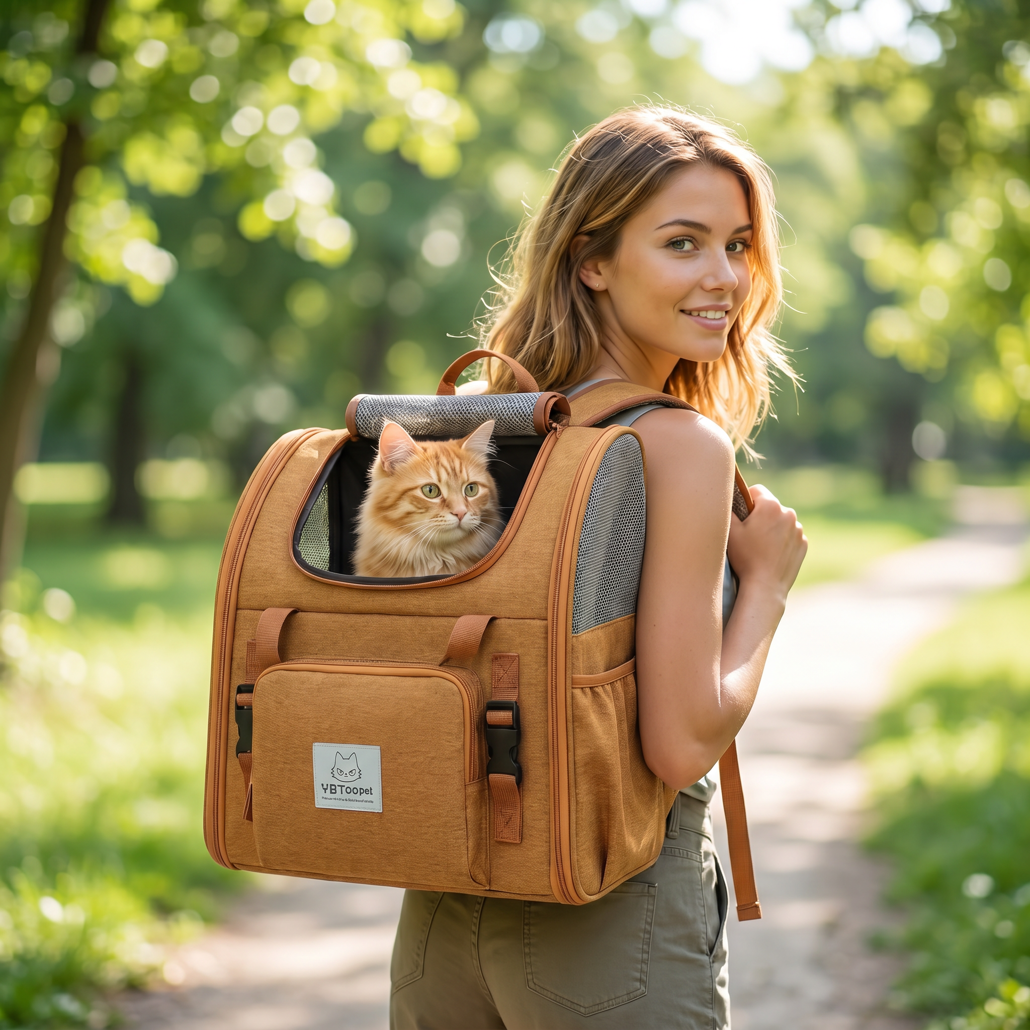 Woman wearing the khaki Horizon expandable cat backpack carrier with cat in the mesh window