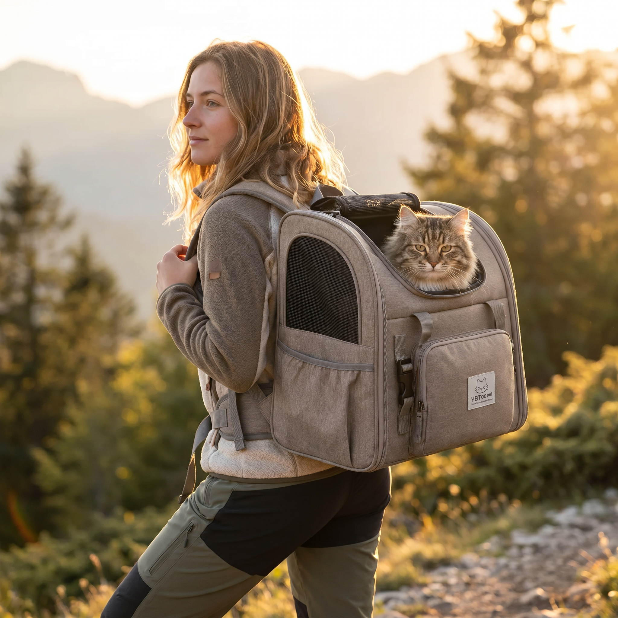 Woman hiking with the gray Horizon expandable cat backpack carrier and her cat