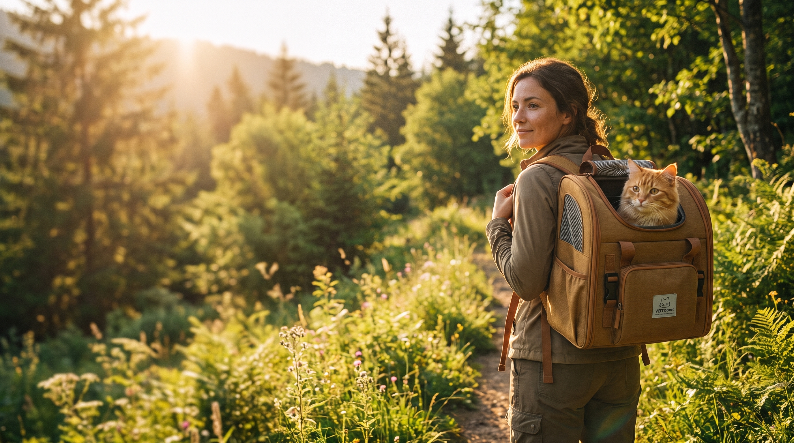Woman on a nature trail with the Horizon cat backpack carrier and her cat