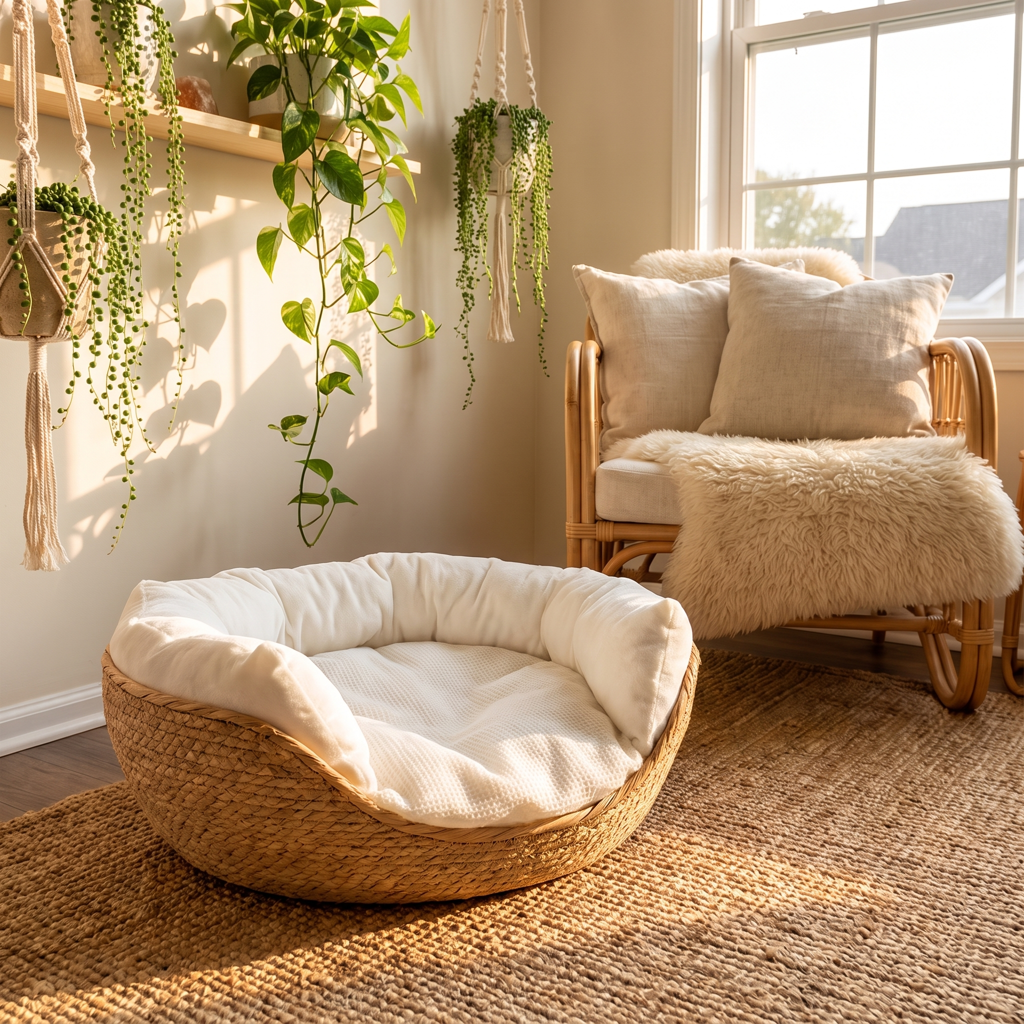 Hazel woven cat bed styled in a boho living-room corner with plants