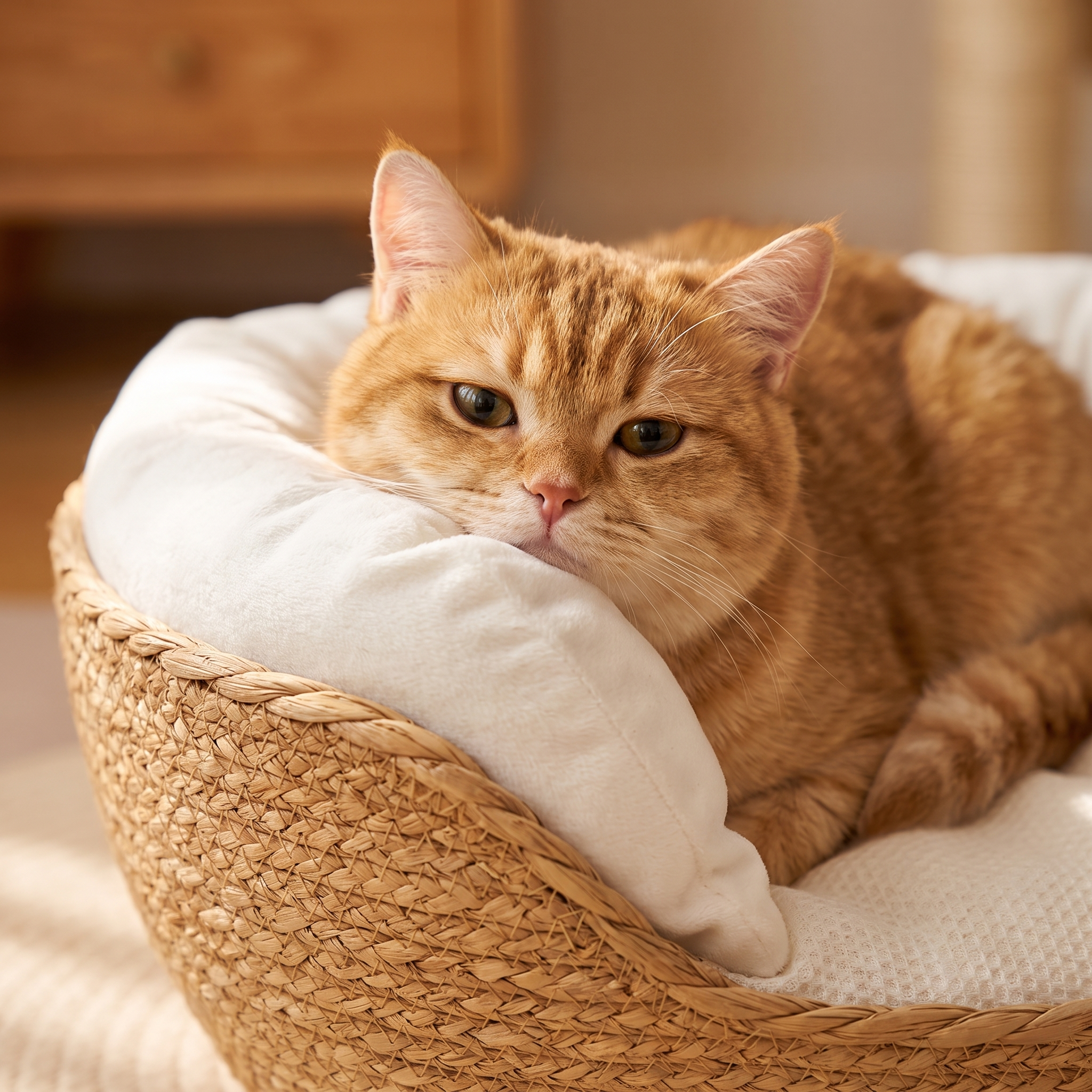Cat snuggled cozily inside the Hazel woven cat bed basket