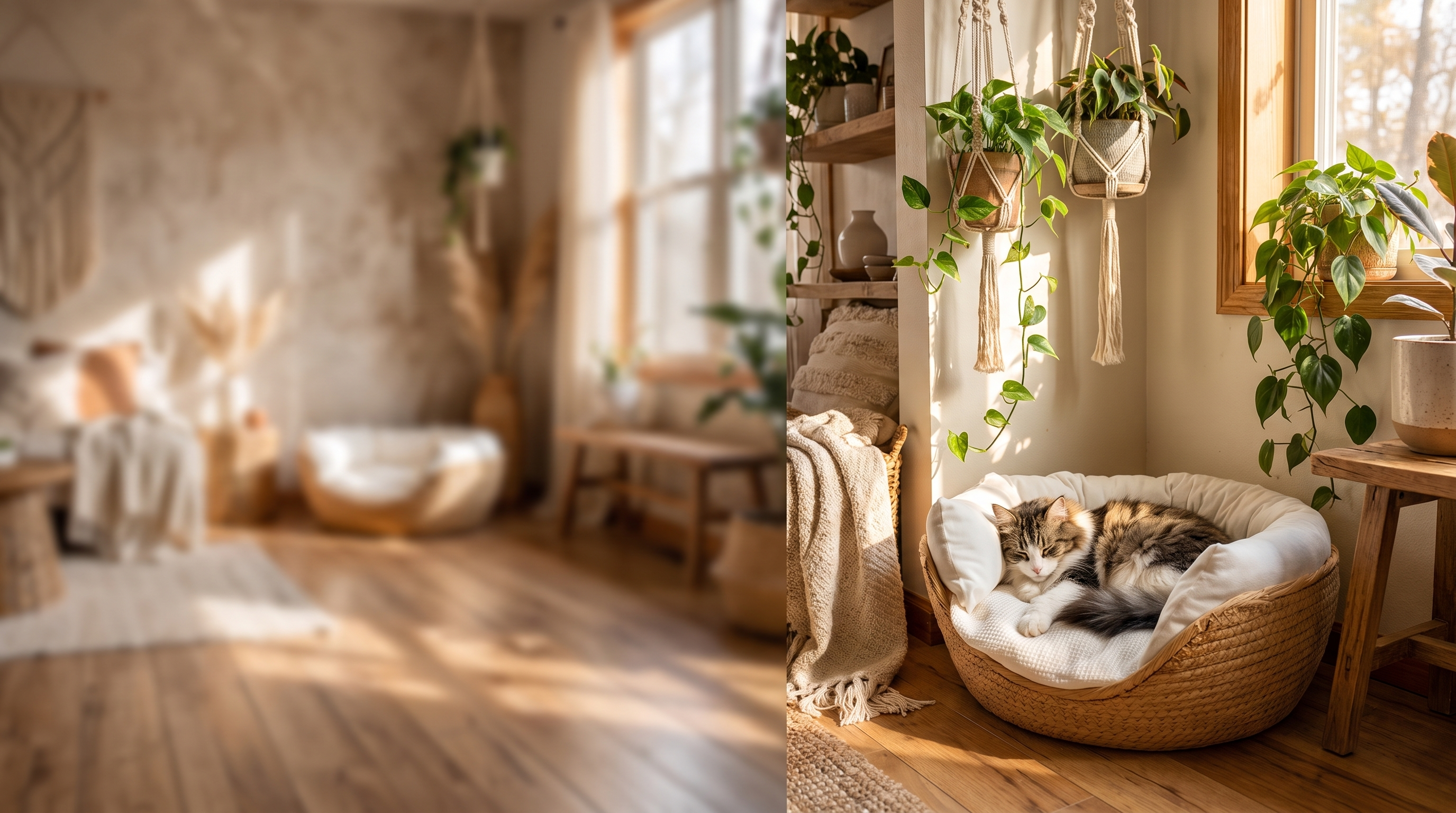 Cat relaxing in the Hazel woven cat bed in a sunlit boho corner