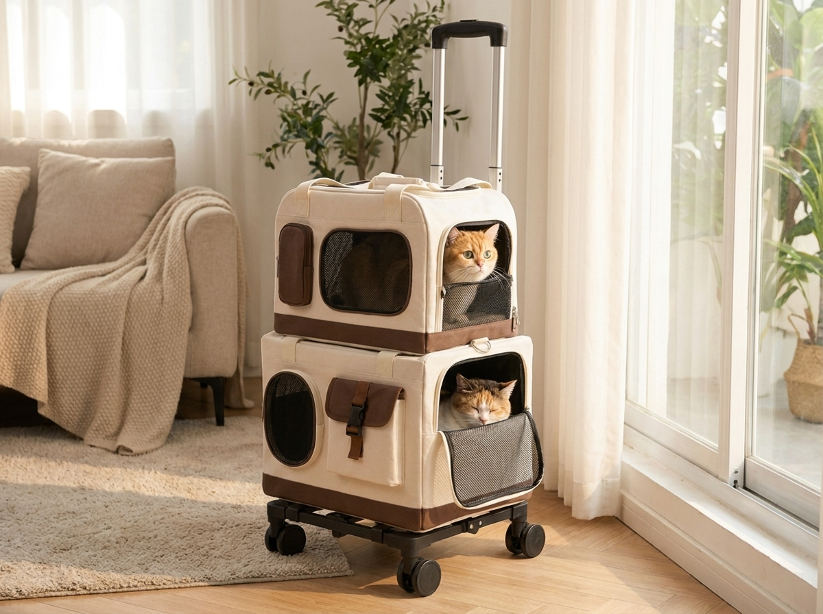 Two cats settled in the stacked Caravan rolling cat carrier bags on the wheeled trolley