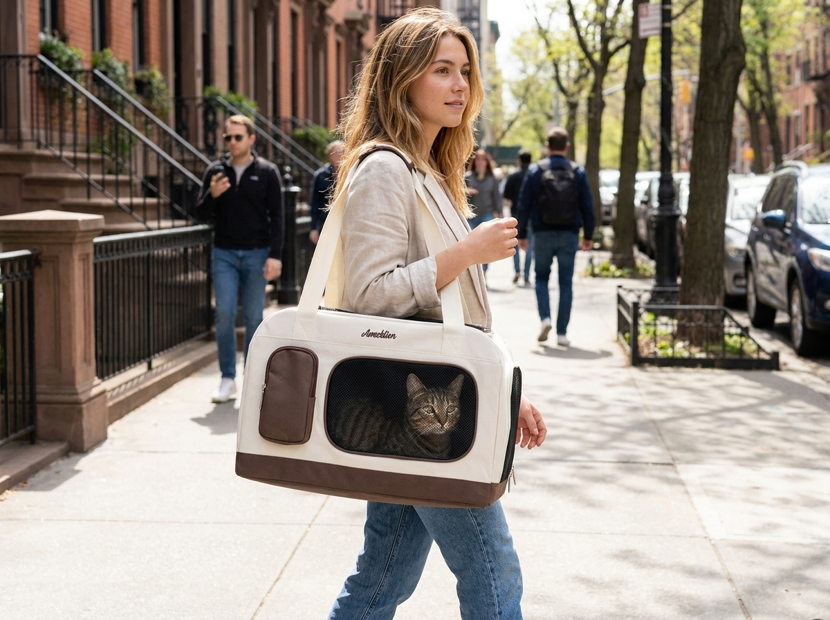 Woman carrying a single Caravan cat carrier bag as a shoulder carrier, cat looking out the mesh