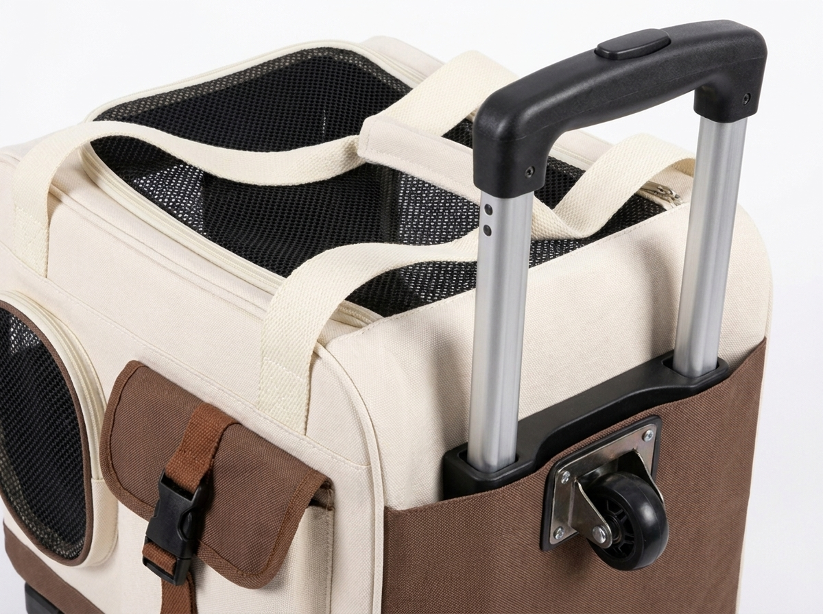 Close-up detail of the Caravan cat carrier mesh window, buckle pocket, telescoping handle and caster wheel