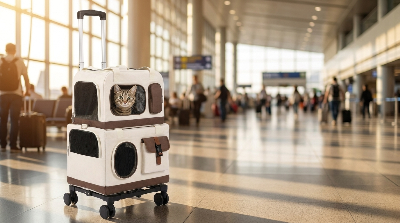 Caravan rolling cat carrier in a sunlit airport travel setting