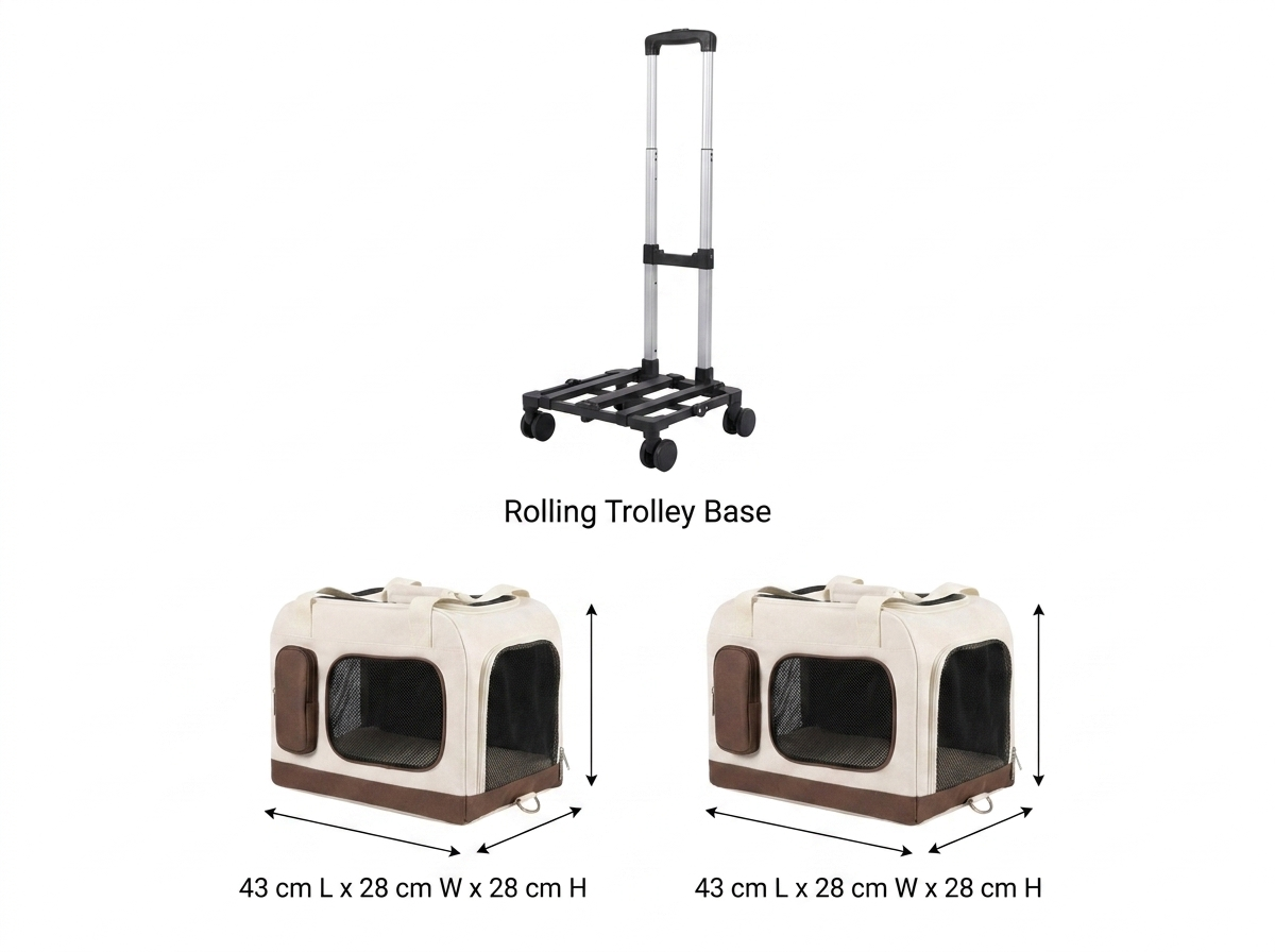 Caravan size guide: two carrier bags 43 x 28 x 28 cm each plus the rolling trolley base